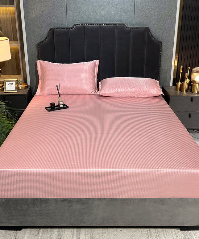 Houndstooth Ice Silk 3-Piece Bed Linen Set – Blue, Pink, or Purple | 2 Sizes