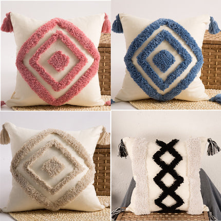 Tufted Embroidered Diamond Cushion with Tassels – Rose Red on Beige ✨🧵