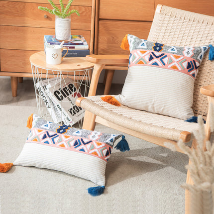 Tufted Embroidered Bohemian Cushion Cover with Tassels | 45x45, 30x50