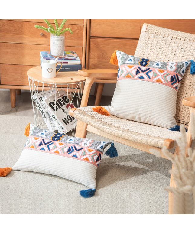 Tufted Embroidered Bohemian Cushion Cover with Tassels | 45x45, 30x50