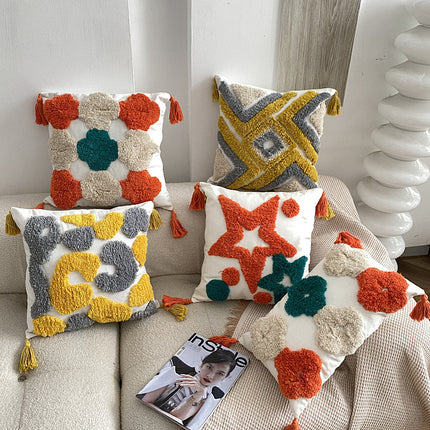 Nordic-Inspired Bohemian Tufted Cushion – Grey and Yellow Geometric Design