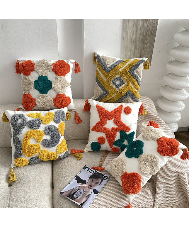 Nordic-Inspired Bohemian Tufted Cushion – Grey and Yellow Geometric Design