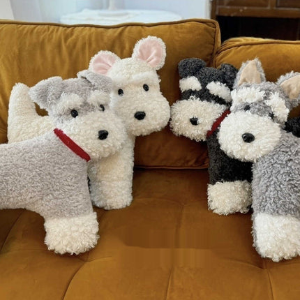 Plush Schnauzer Dog Cushion – Soft Grey & White with Red Collar