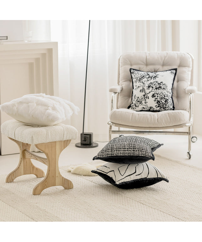 French Classic Velvet Cushion Cover – Black & White Sketch Design, 45x45cm