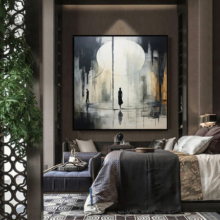 Hand-Painted Rainy Street Oil Painting | Black & White Canvas Art