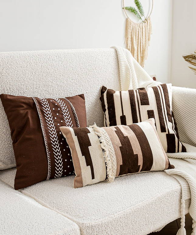 Moroccan Boho Cushion Cover | Embroidered Brown Beige