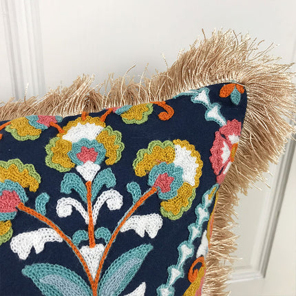 Vintage Boho Embroidered Cushion Cover | Fringe Pillowcase