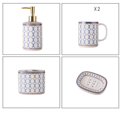 Nordic Ceramic Bathroom Set – 5 or 6 Pieces | Blue & Gold on White