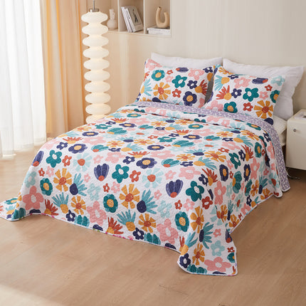 Cotton Quilted Bedspread | Reversible Floral Coverlet