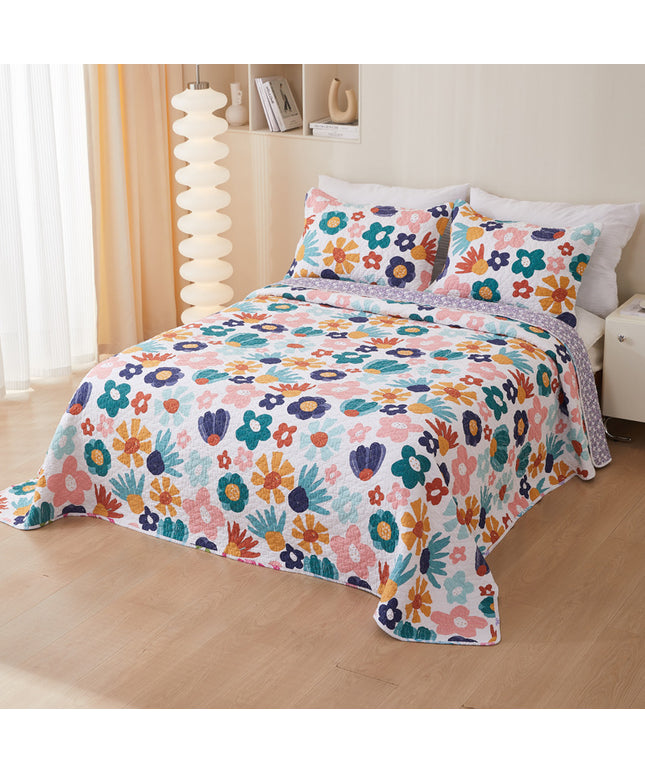 Cotton Quilted Bedspread | Reversible Floral Coverlet