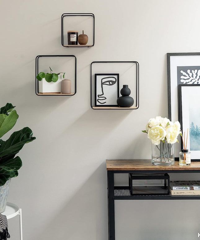 Cuboid Wall Shelves - No Drill Iron Wood Storage Set