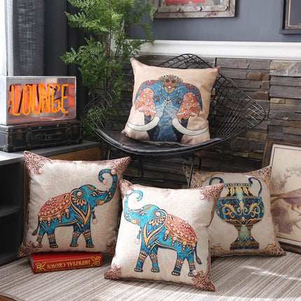 Elephant Boho Cushion Cover Blue Beige | Linen Style Pillowcase