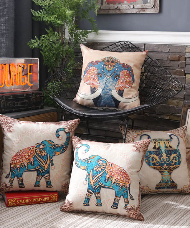 Elephant Boho Cushion Cover Blue Beige | Linen Style Pillowcase