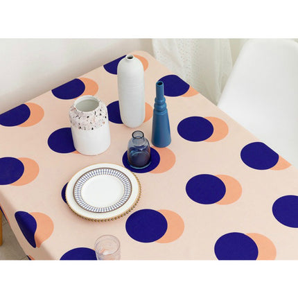Waterproof Cotton Linen Tablecloth – Beige with Blue & Pink Circles, 4 Sizes