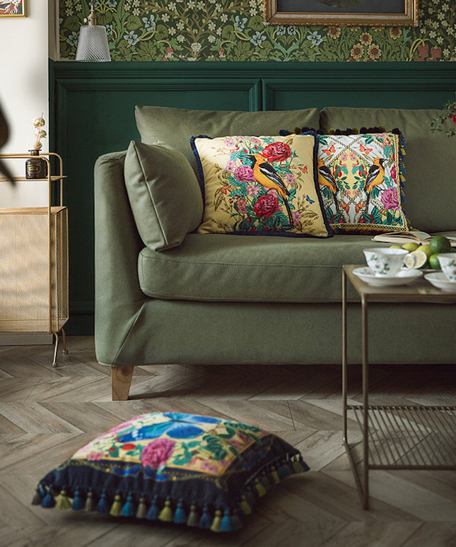 Forest Velvet Cushion Cover Bird/Butterfly | Luxury