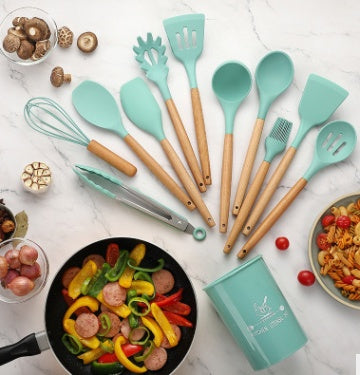 Silicone Kitchen Utensil Set | Wooden Handle Cooking Tools