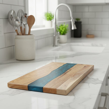 Solid Wood & Deep Blue Resin Chopping Board 🌊 – Acacia Mangium