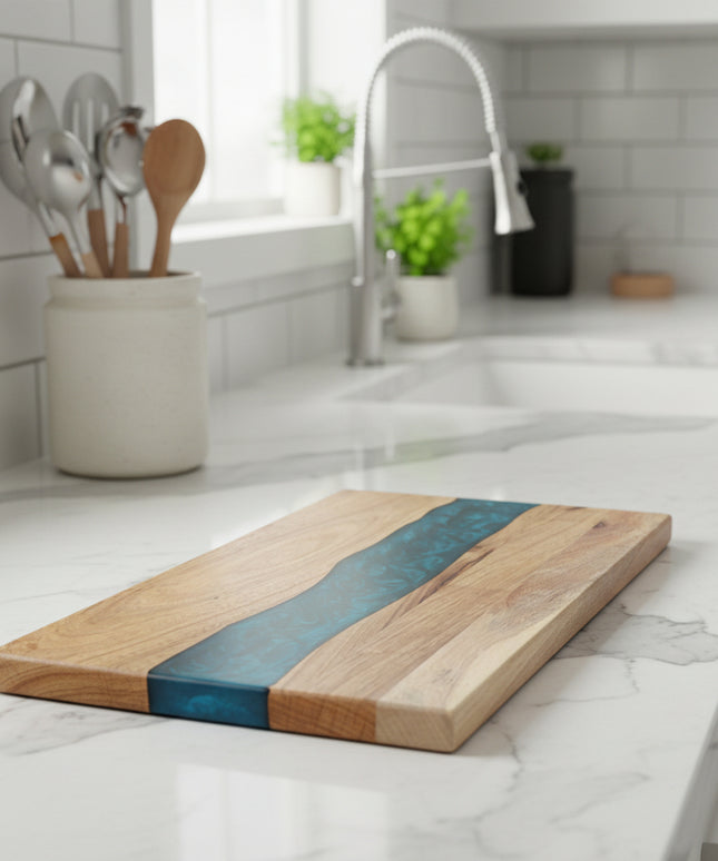 Solid Wood & Deep Blue Resin Chopping Board 🌊 – Acacia Mangium