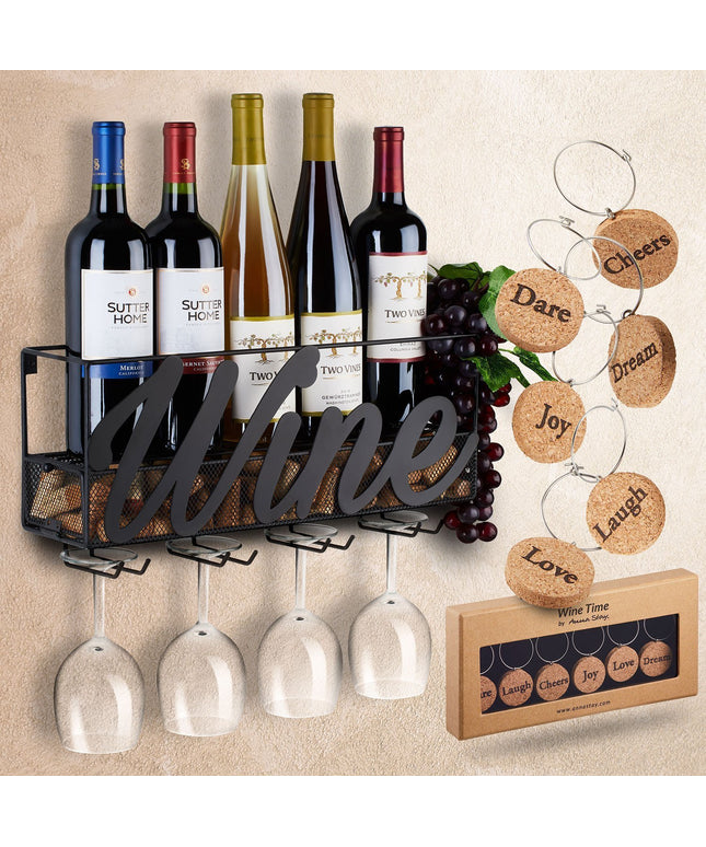 Wall-Mounted Metal Wine Rack – Black | Bottle, Glass & Cork Holder
