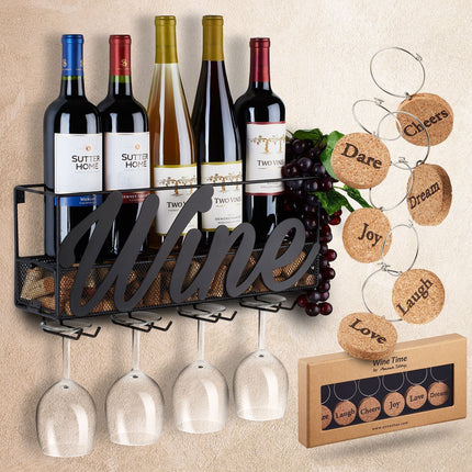 Wall-Mounted Metal Wine Rack – Black | Bottle, Glass & Cork Holder