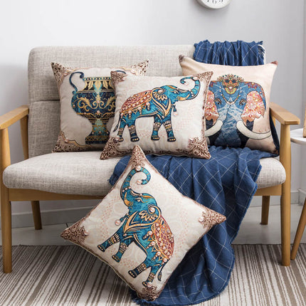Elephant Boho Cushion Cover Blue Beige | Linen Style Pillowcase