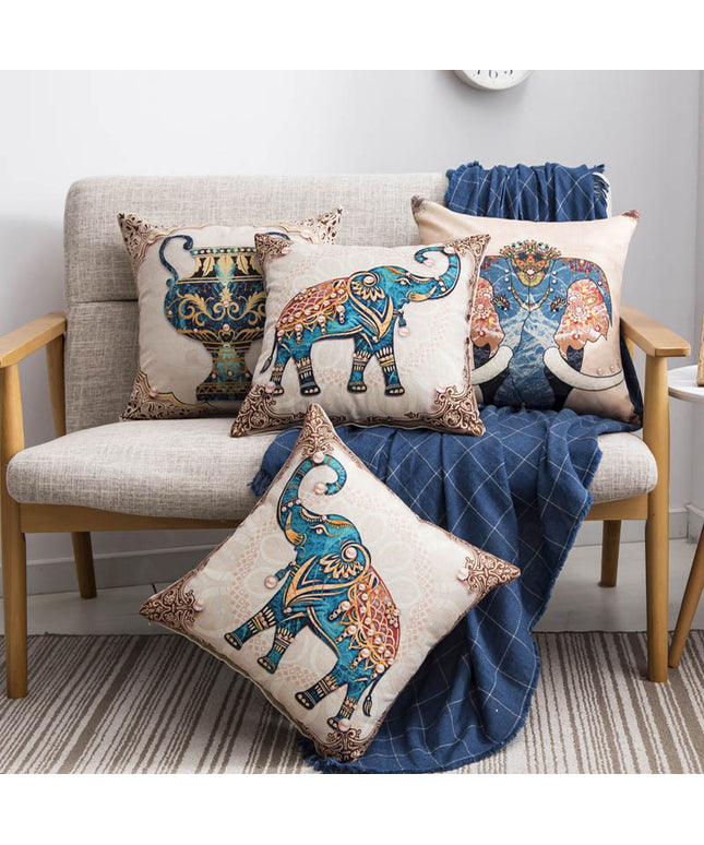 Elephant Boho Cushion Cover Blue Beige | Linen Style Pillowcase