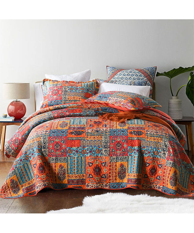 Cotton Summer Quilt in Red Boho Style + 2 Matching Pillowcases