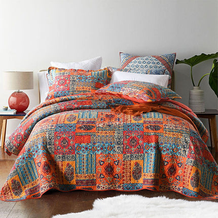 Cotton Summer Quilt in Red Boho Style + 2 Matching Pillowcases