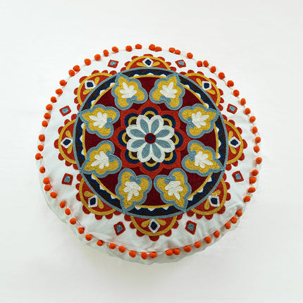 Moroccan Style Hand-Embroidered Round Pillow Cover