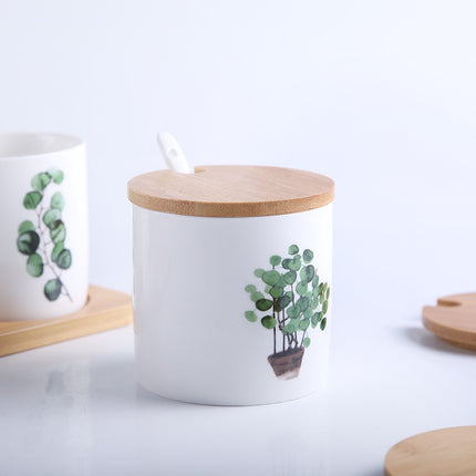 Ceramic Seasoning Jar Set 🌿 – White with Green Leaves, Wooden Lids & Tray
