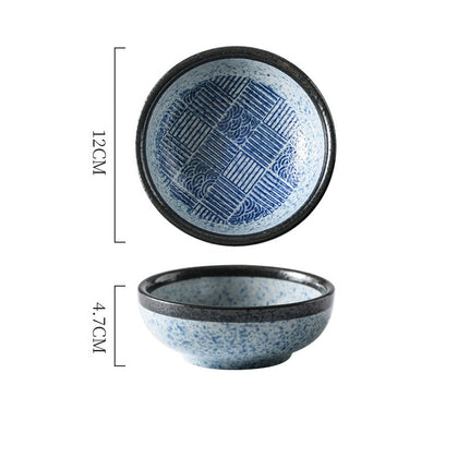 Japanese Ceramic Bowl 🍜 – Blue and White Ripple or Grid Design