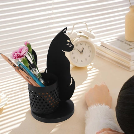 Black Metal Cat Pen Holder – Minimalist Desk Organiser