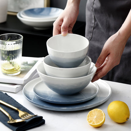 Nordic Gradient Grey-Blue Ceramic Tableware Set – Plates & Bowls