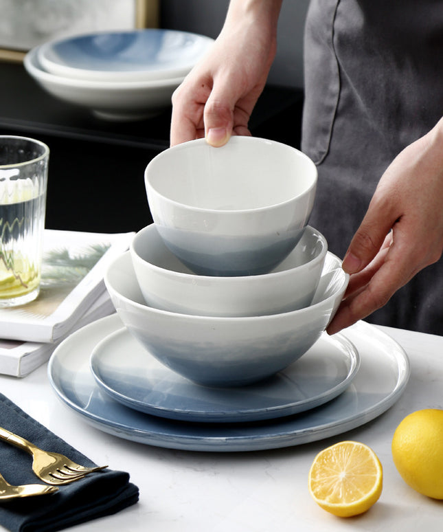 Nordic Gradient Grey-Blue Ceramic Tableware Set – Plates & Bowls
