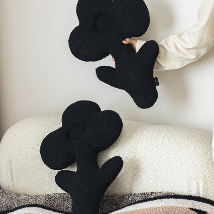 Plush Black Teddy Flower Pillow – Soft Decorative Cushion