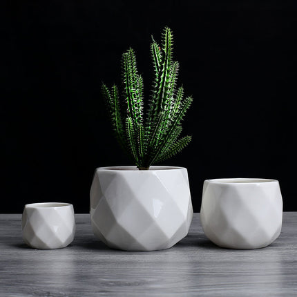Flower Garden Polyhedron White Ceramic Flower Pot
