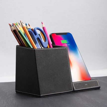 Leather Wireless Charging Pen Holder – 3-in-1 Desk Organiser