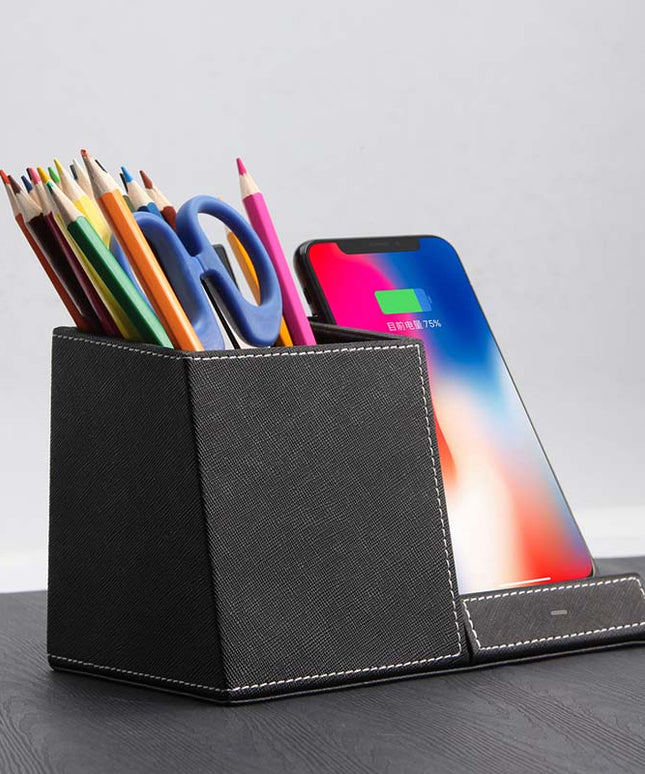 Leather Wireless Charging Pen Holder – 3-in-1 Desk Organiser