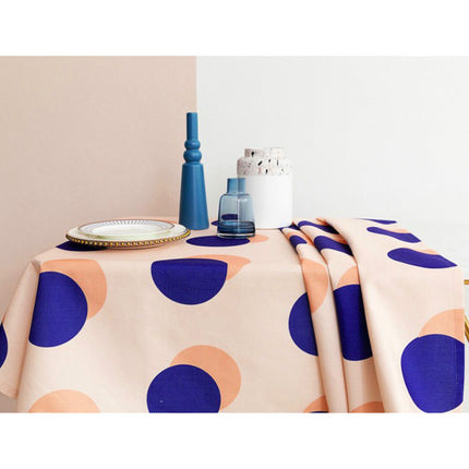 Waterproof Cotton Linen Tablecloth – Beige with Blue & Pink Circles, 4 Sizes