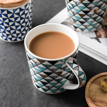Scandinavian Ceramic Mug with Wooden Lid | Geometric Coffee Cup