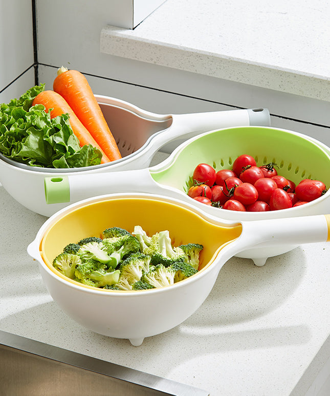 Double-Layer Colander with Bowl & Handle – 1.2L + 1.7L | Grey, Yellow, Green