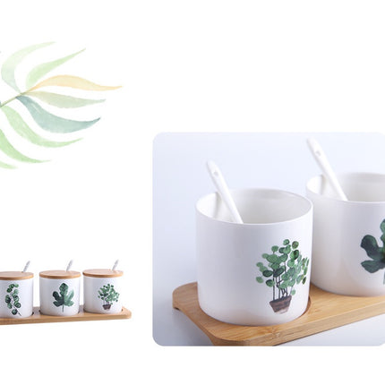 Ceramic Seasoning Jar Set 🌿 – White with Green Leaves, Wooden Lids & Tray
