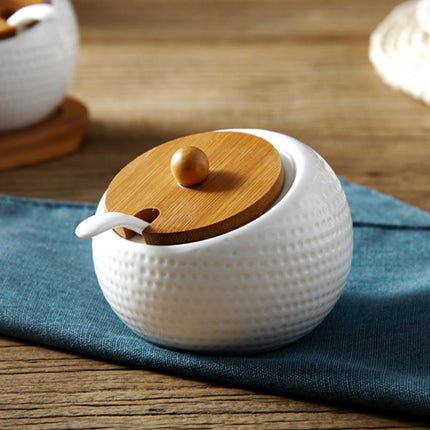 White Ceramic Seasoning Jar with Bamboo Lid & Spoon – Individual or Set of 3