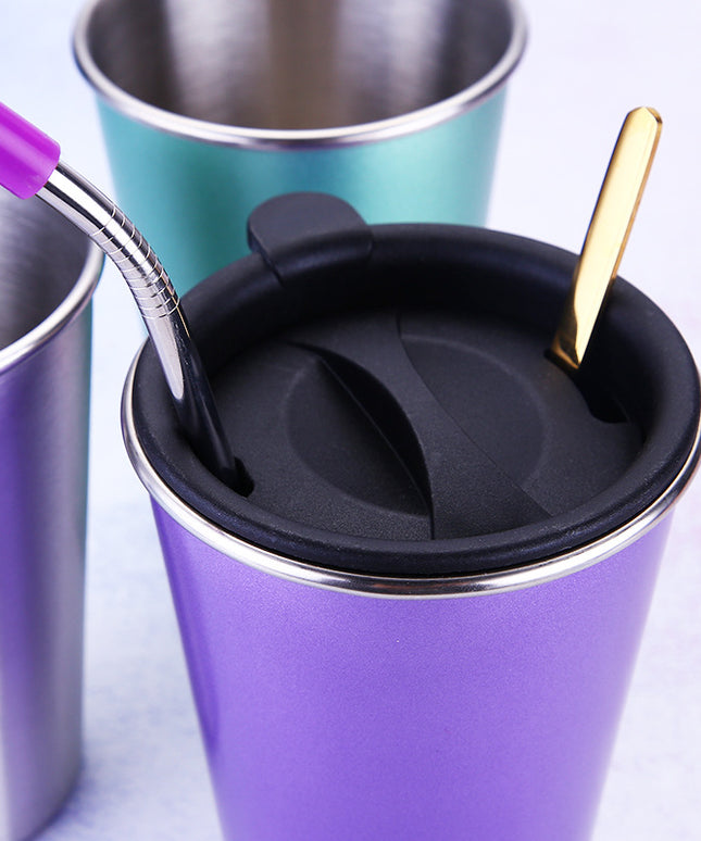 500ML Stainless Steel Travel Mug with Straw | Metallic Cup
