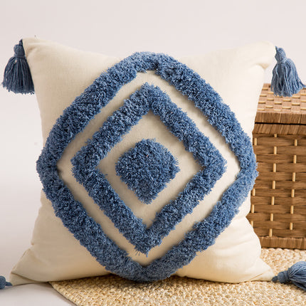Tufted Embroidered Diamond Cushion with Tassels – Rose Red on Beige ✨🧵