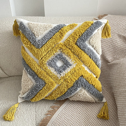 Nordic-Inspired Bohemian Tufted Cushion – Grey and Yellow Geometric Design