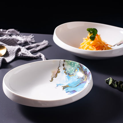 Irregular Ceramic Plate 🎨 – Watercolour Wash & Gold Marbling, Small or Large