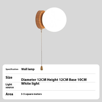 Nordic Spherical Wall Lamp – Iron Glass with Wood Grain Base, Pull Cord