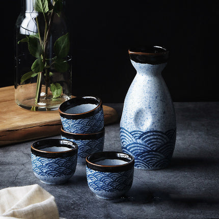 Ceramic Sake Set 🌊 – Blue & White Ripple Wave, Jug & 4 Cups