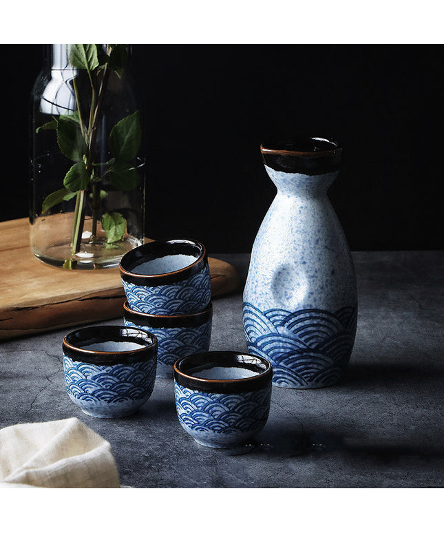 Ceramic Sake Set 🌊 – Blue & White Ripple Wave, Jug & 4 Cups